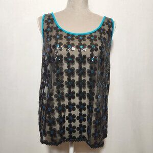 Candie's Women's Size XL Black Sheer Floral Embroidered Sequin Sleeveless Top